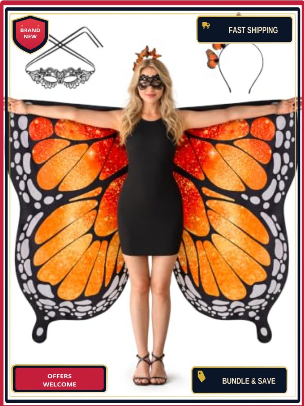 Butterfly Wings Costume Adult 100% Chiffon Halloween Cosplay Set with Mask